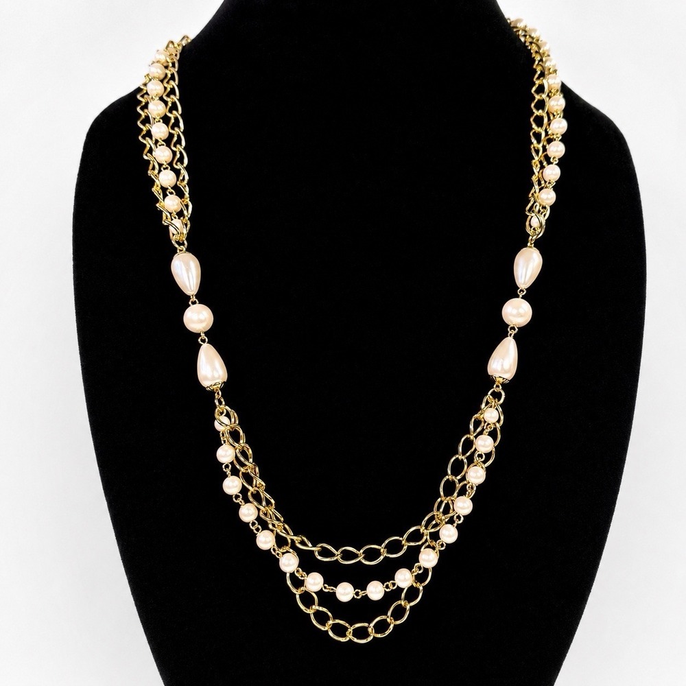 Vintage Lady Remington Faux Pearl Gold Tone Layered Chain Necklace 24" Statement